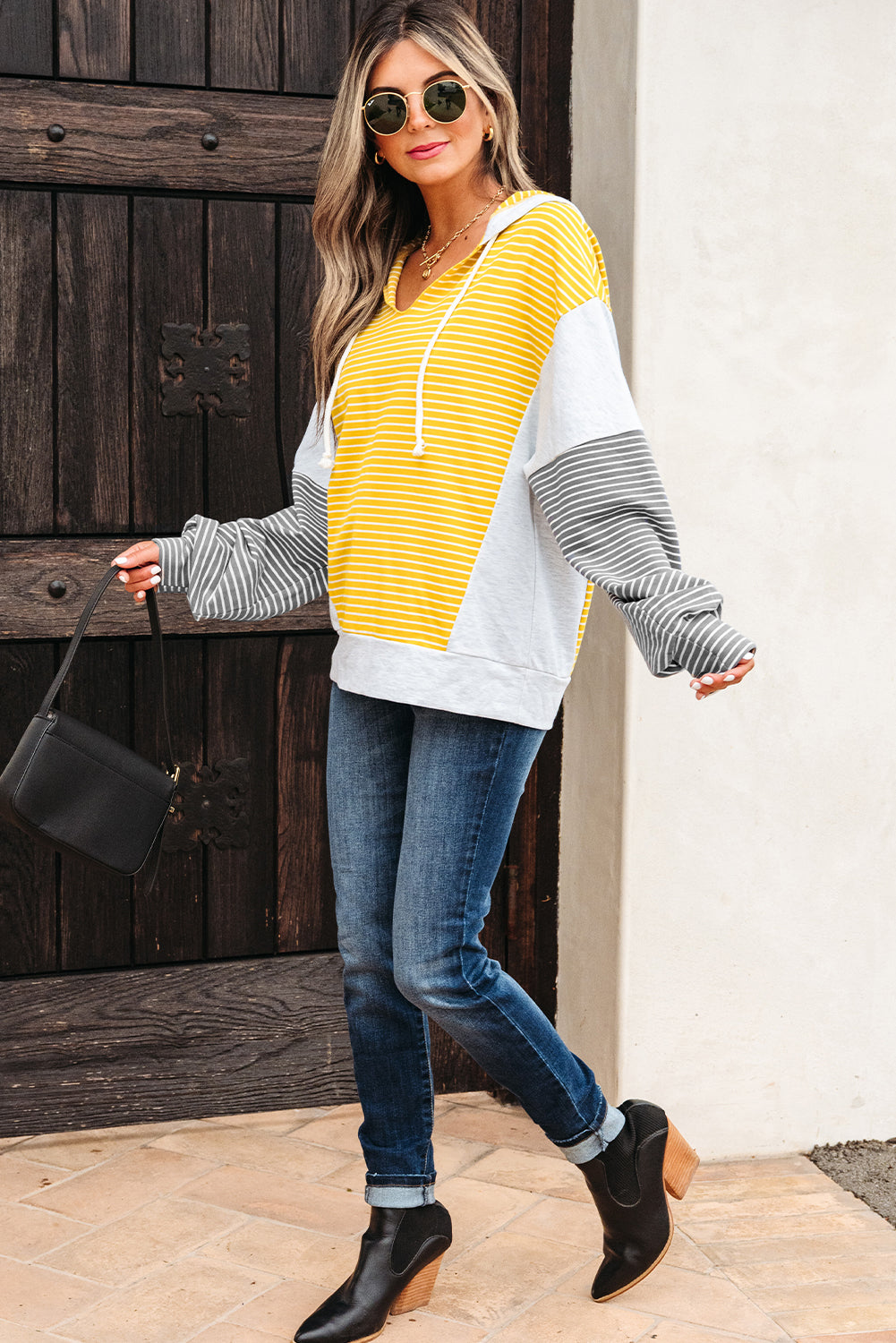 Yellow Stripe Color Block Drawstring V Neck Loose Fit Hooded Top - eAura