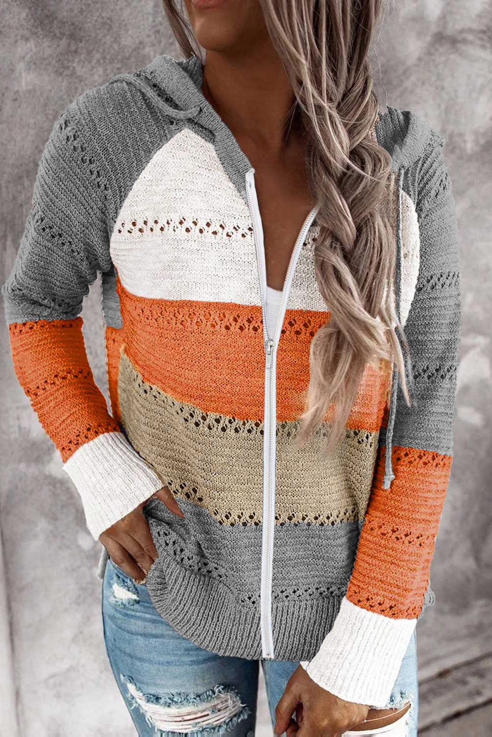 MultiColour Zipped Front Colourblock Hollow-out Knit Hoodie eAura