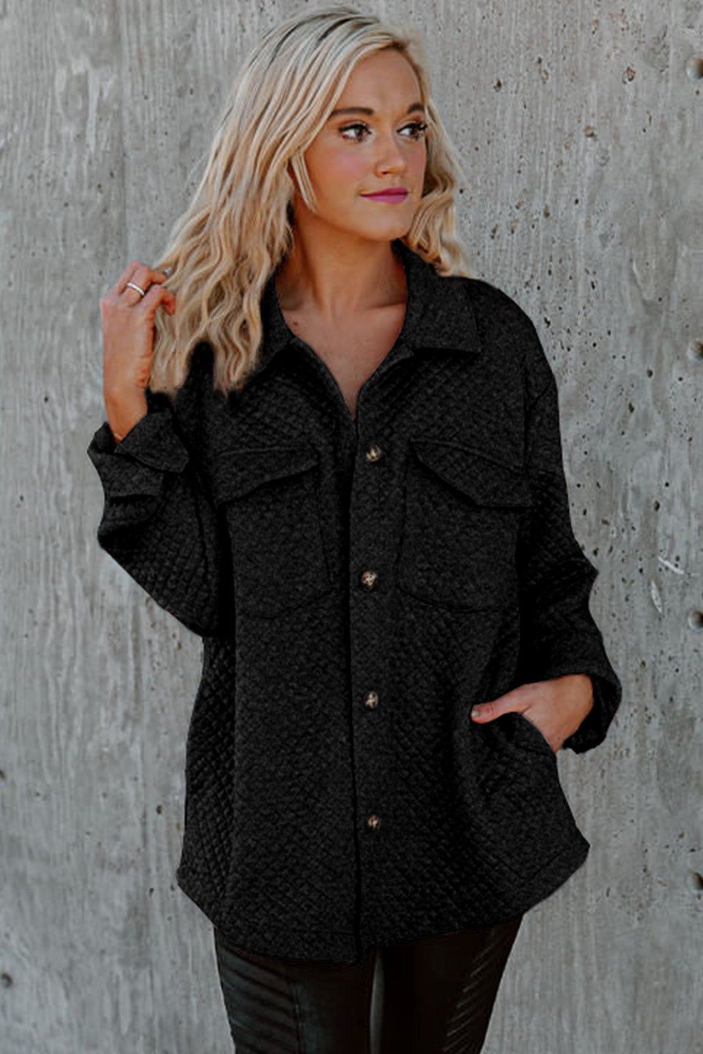Black Retro Quilted Flap Pocket Button Shacket Beagle Boutique Fashion Outlet