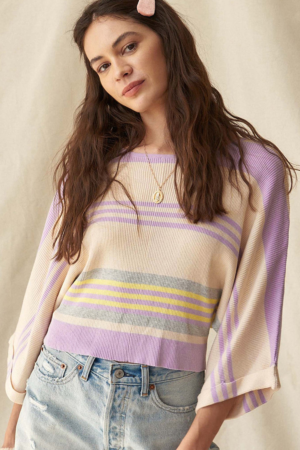 Purple Stripe Borderline Rib Knit Cuffed Dolman Sleeve Sweater eAura