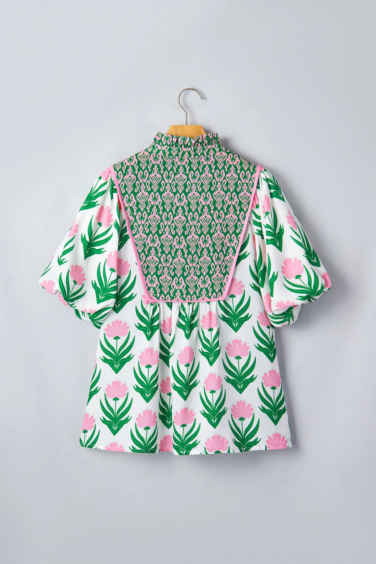 Floral Print Puff Sleeve Contrast Bordered V Neck Blouse – Multicolour