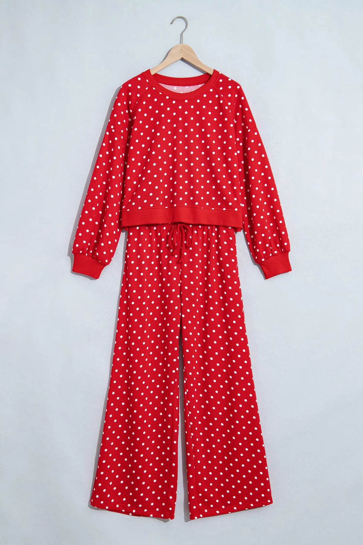 Polka Dot Drawstring Wide Leg Long Sleeve Top Pant Set – Red