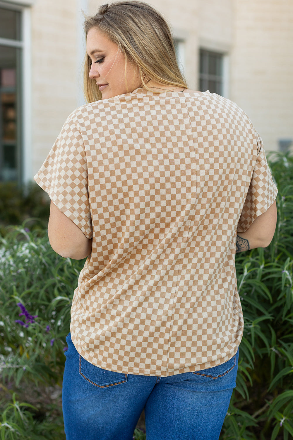 Khaki Checkerboard Short Batwing Sleeve Round Neck Plus Size T Shirt BB Fashion Outlet