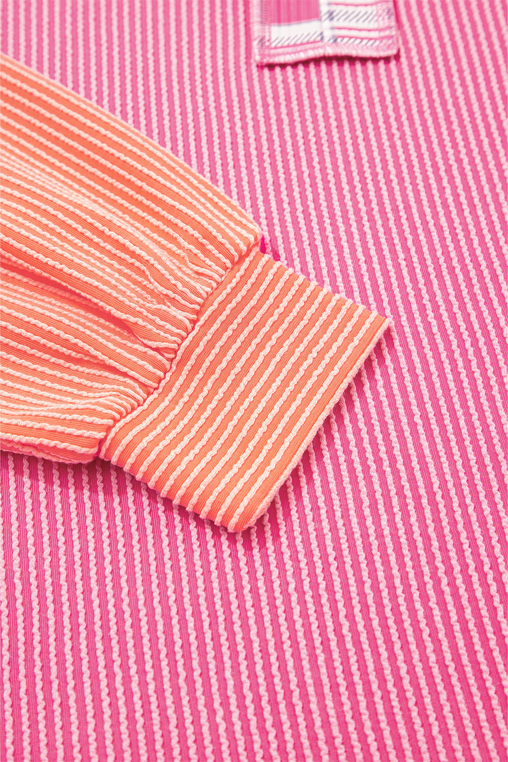 Soft Corded Texture Patchwork Split Neck Long Sleeve Top - eAura