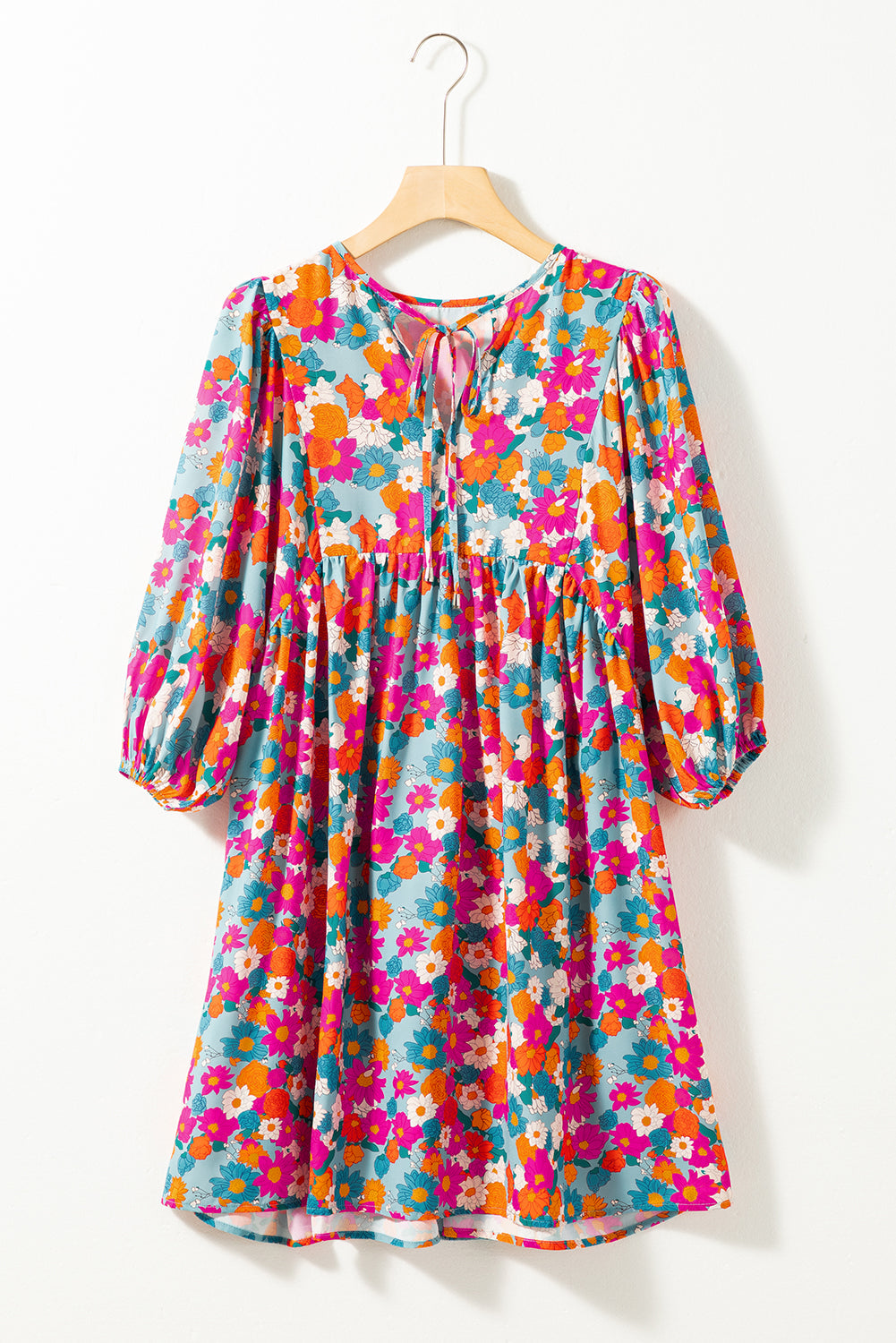 Sky Blue Floral Print Tie Split Neck Bubble Sleeve Babydoll Dress eAura