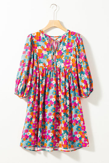 Sky Blue Floral Print Tie Split Neck Bubble Sleeve Babydoll Dress - Dresses/Floral Dresses