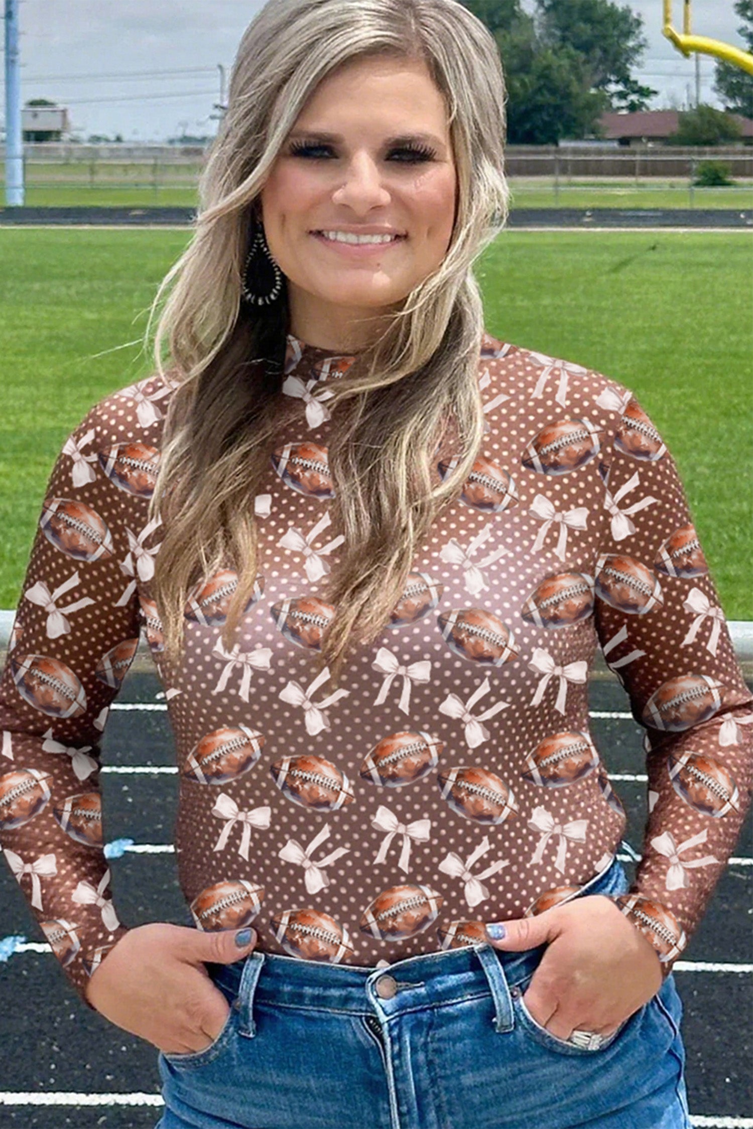 Polka Dot Bow Football Print Long Sleeve Mesh Top – Brown