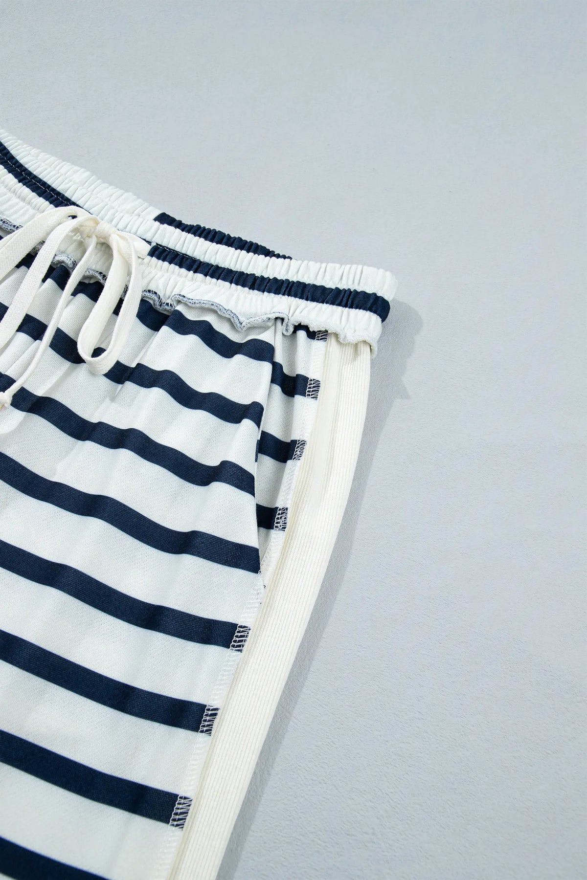 Striped Ribbed Cuff Collar Pocket Loose Pant Set – Blue Stripe