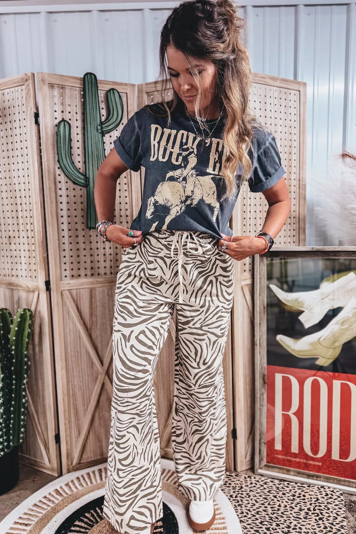 Western Print Zebra Pattern Elastic Waist Pocket Full-Length Pants – Multicolour