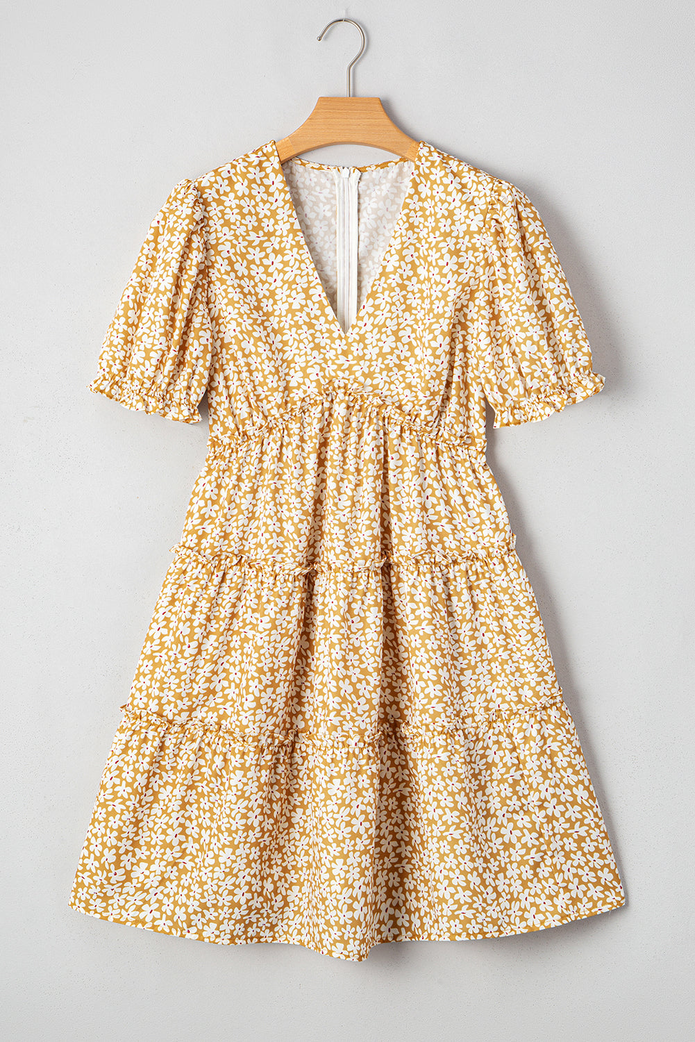 Yellow Floral Short Sleeve V Neck Frilly Tiered Mini Dress eAura