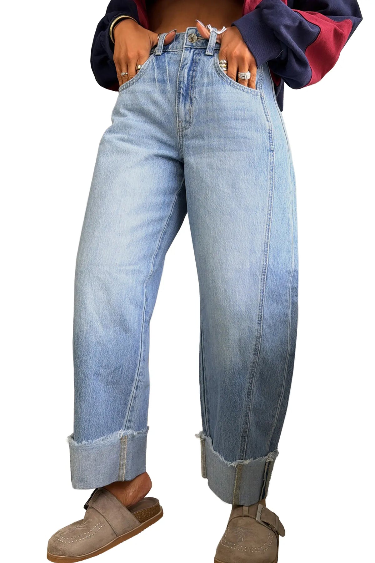 Raw Hem Turnup Loose Ankle-length Jeans – Sail Blue