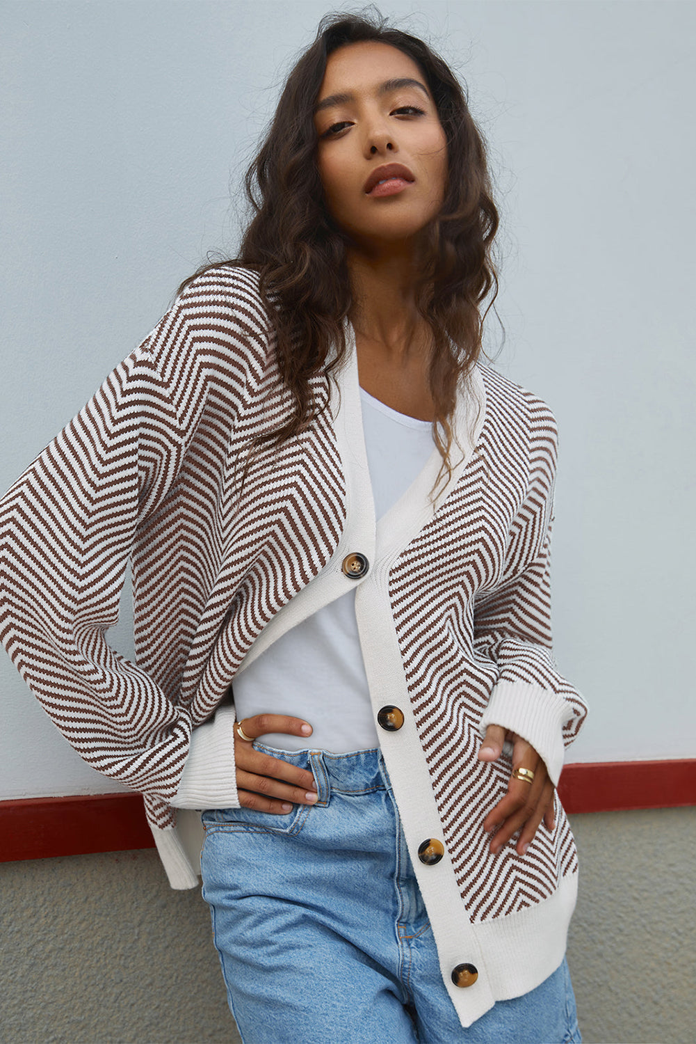 Brown Stripe Buttoned Front V Neck Herringbone Cardigan Dear-Lover Dropshipping
