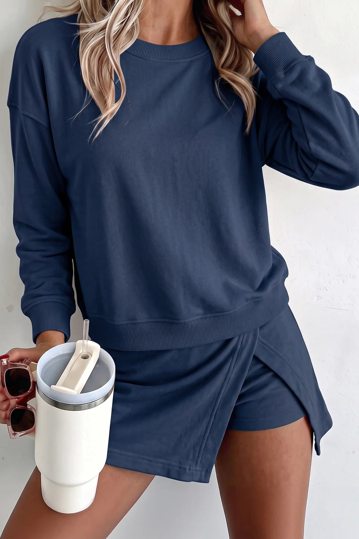 Solid Colour Long Sleeve Top Split Skort 2pcs Outfit – Dirty Blue