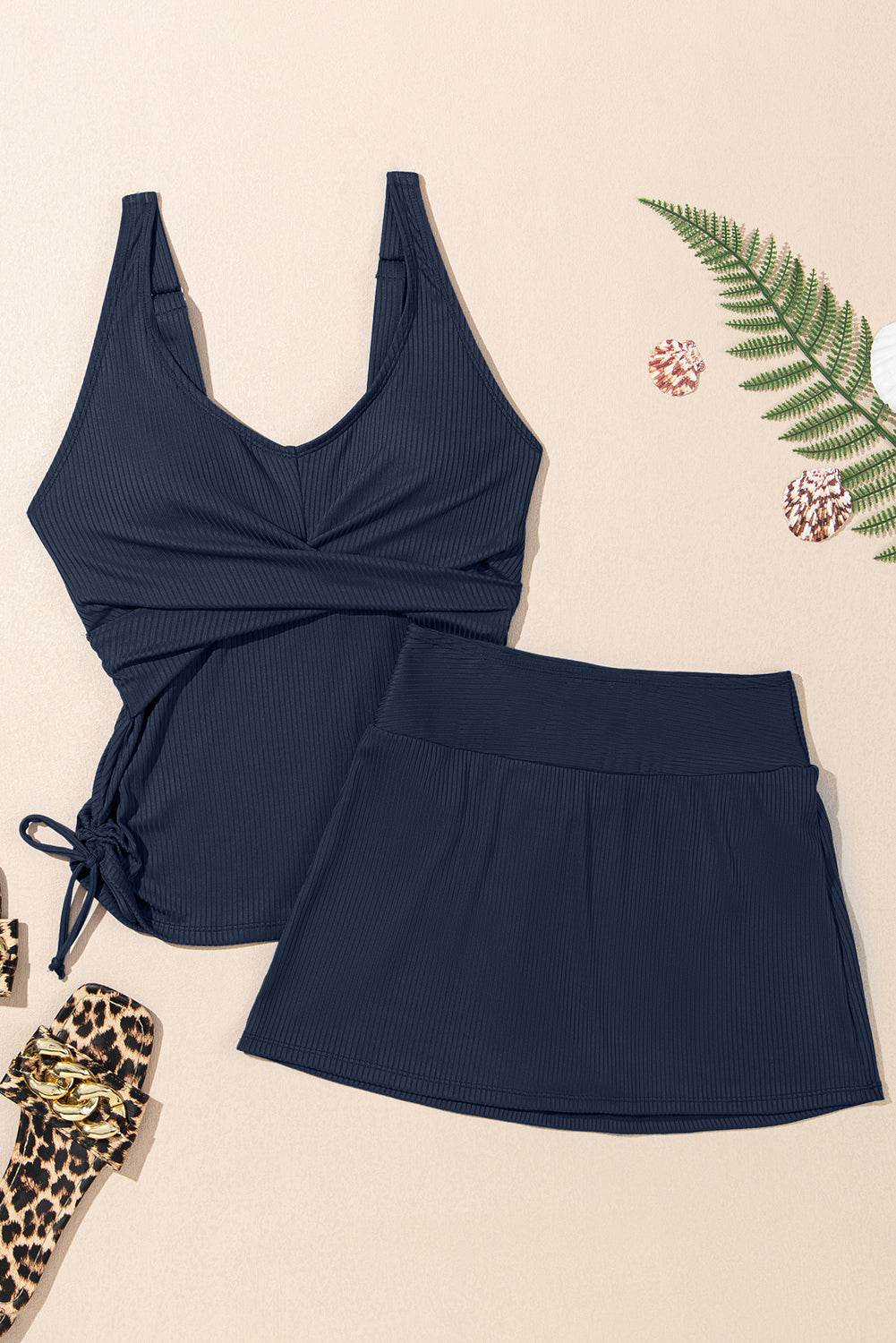 Ribbed Crossed Detail Tankini & Skort Two-Piece Swimsuit