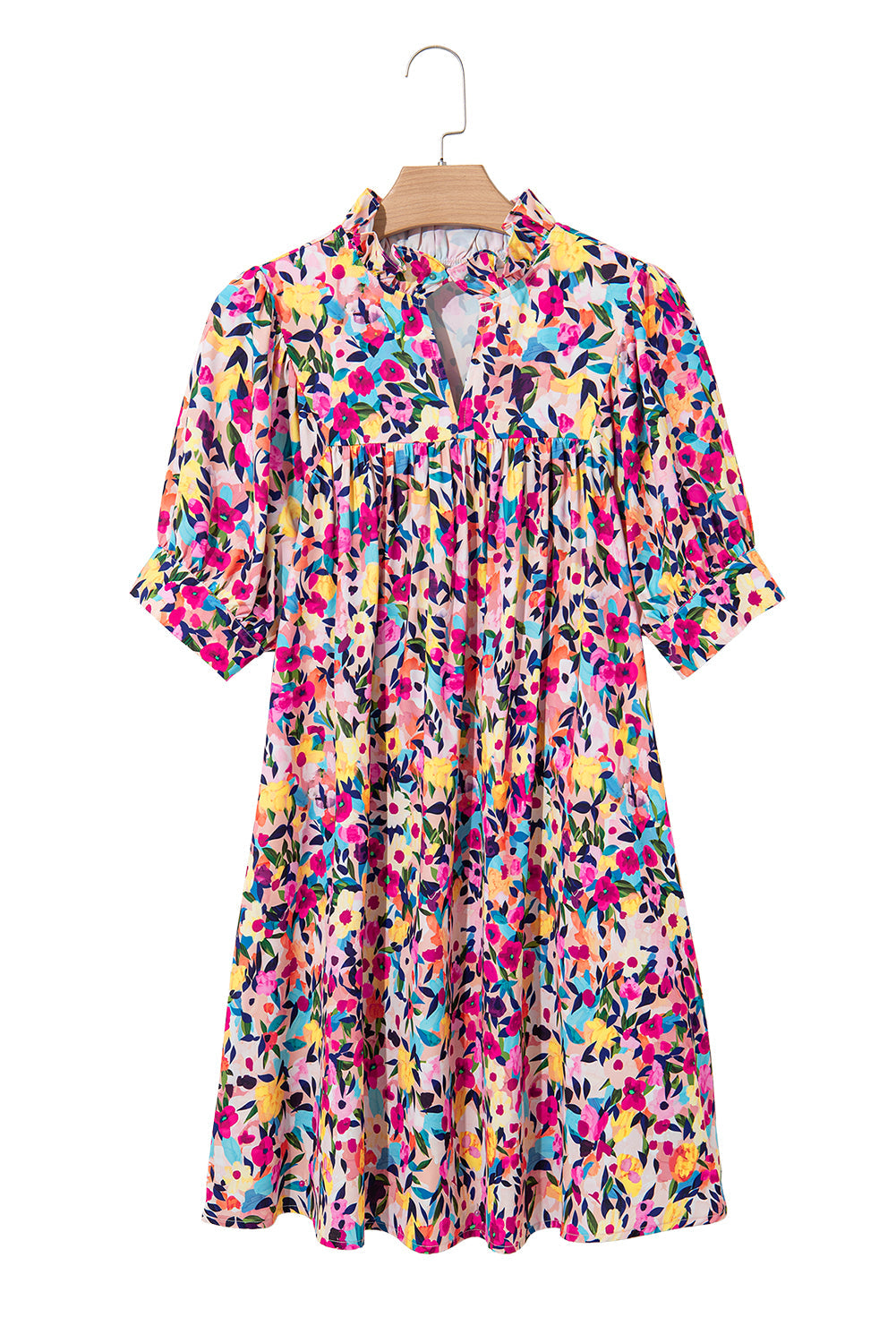 Pink Floral Puff Short Sleeve V Neck Mini Dress eAura