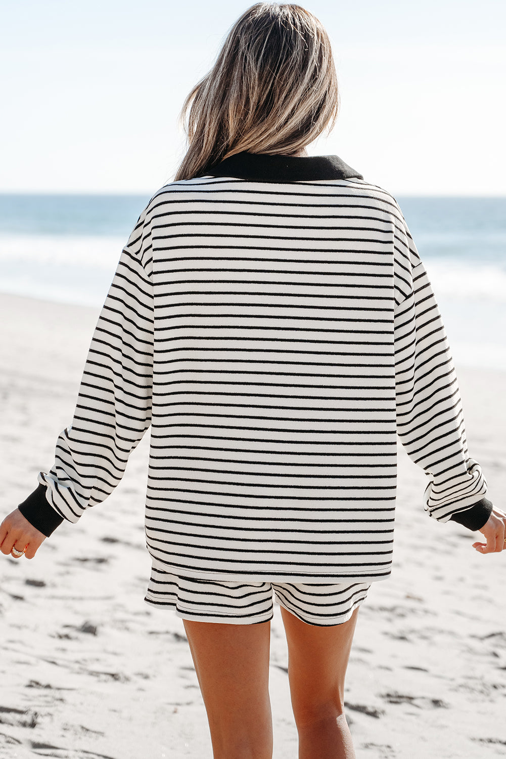 Black Stripe Collared Long Sleeve Top and Drawstring Shorts Set eAura