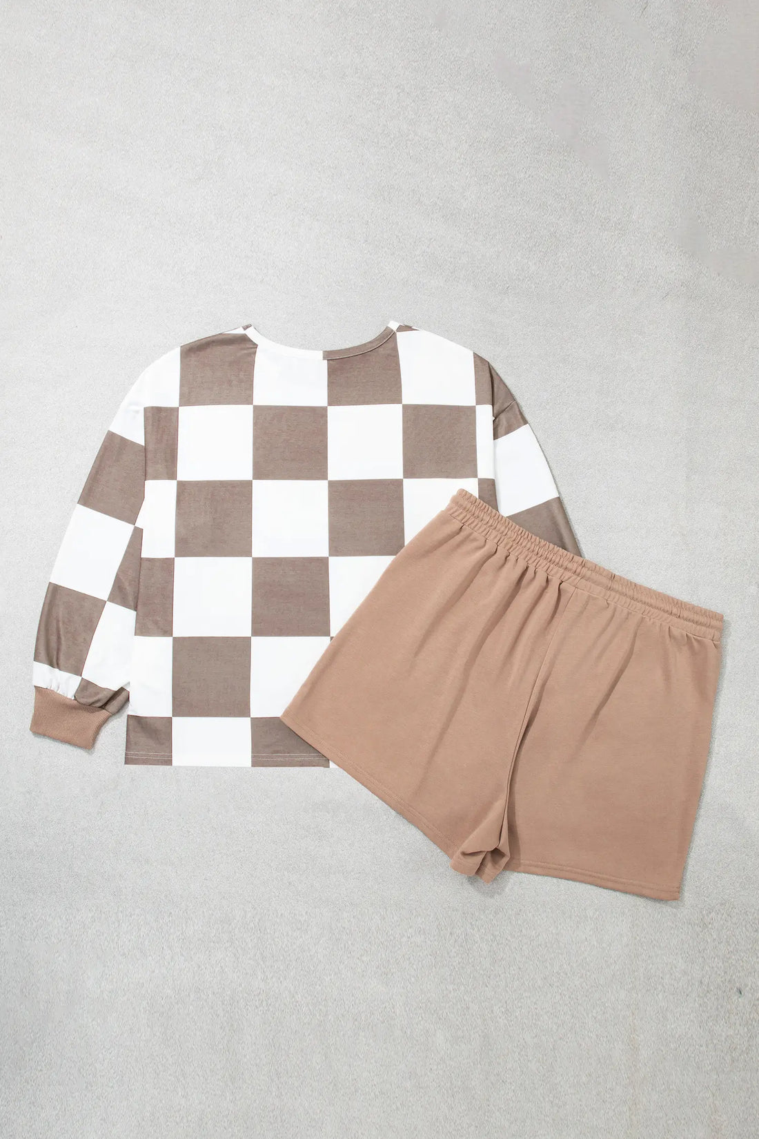 Checkered Contrast Long Sleeve Top Solid Shorts Plus Size 2pcs Set – Khaki