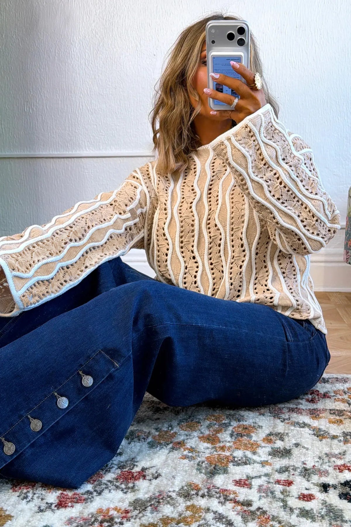 Wavy Detail Hollow Out Knit Long Sleeve Cotton Pullover Sweater – Pink