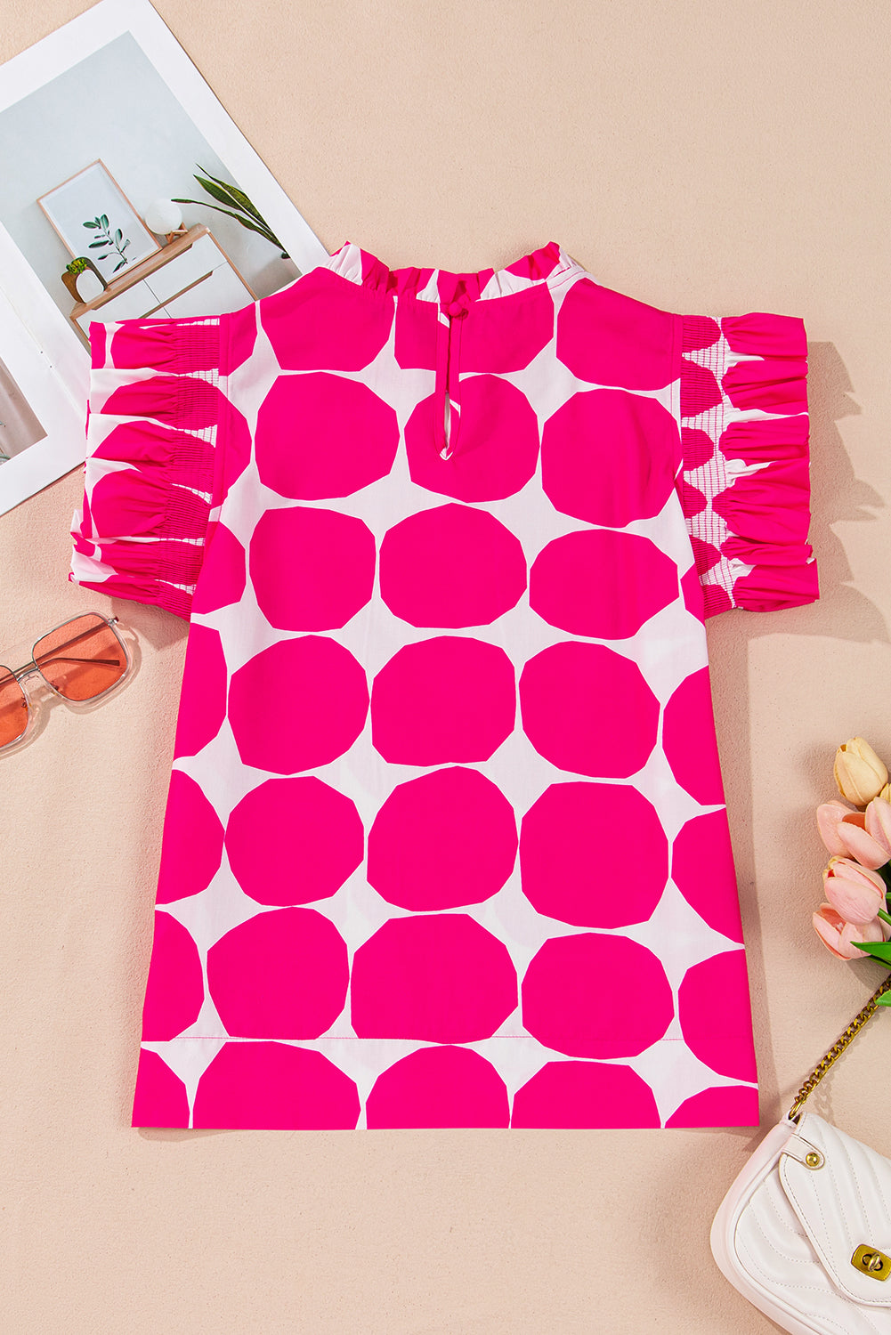 Rose Bubblegum Pattern Frilled Collar Flutter Sleeve Top eAura