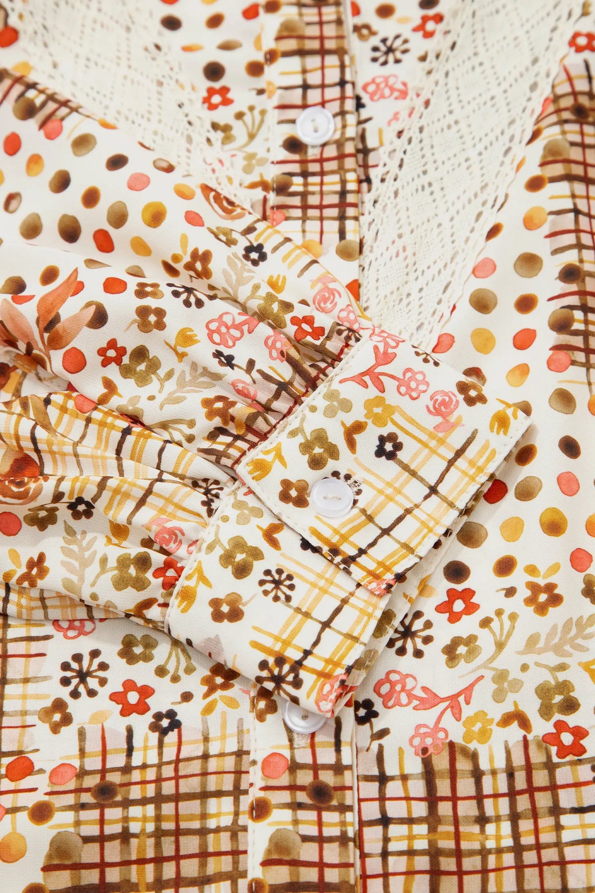 Floral Lace Trim Button Down Long Sleeve Shirt – Brown
