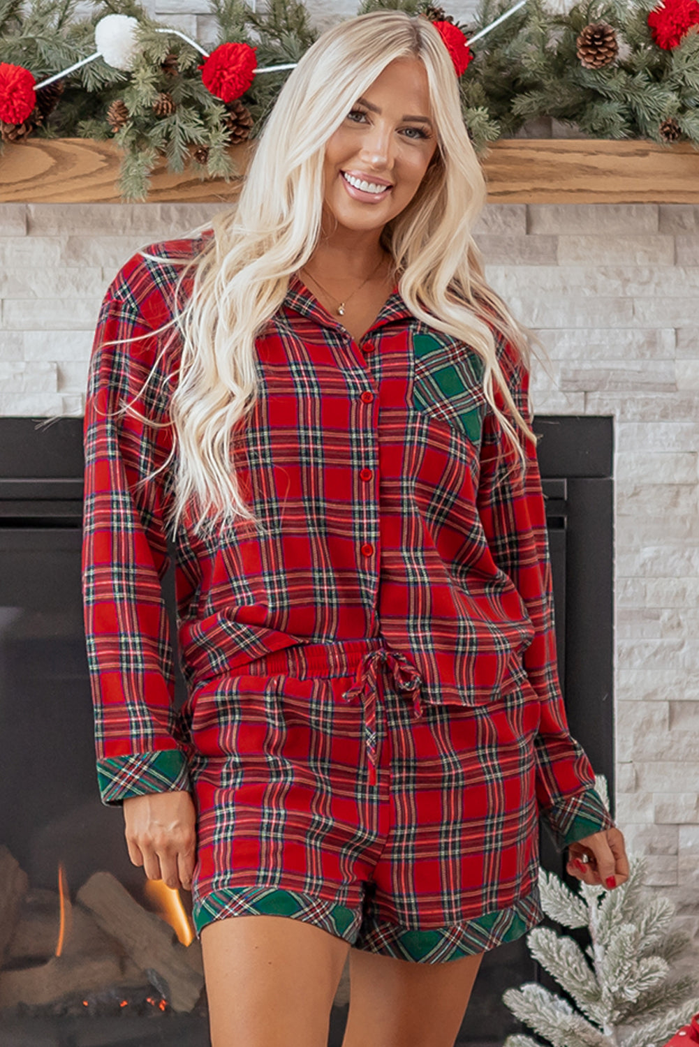 Plaid Contrast Christmas Holiday Long Sleeve Shirt and Shorts Pyjamas - eAura