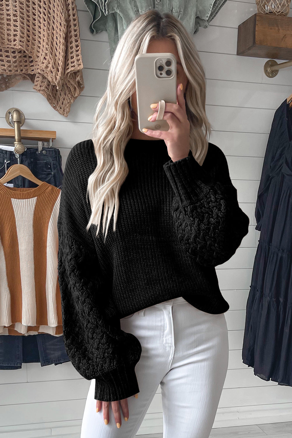 Parchment Cable Knit Sleeve Drop Shoulder Sweater eAura