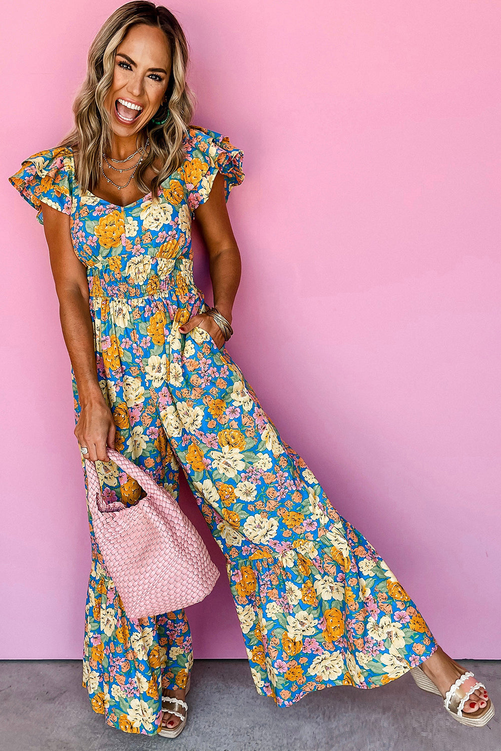 Yellow Floral Allover Print Shirred Cut Out High Waist Jumpsuit eAura