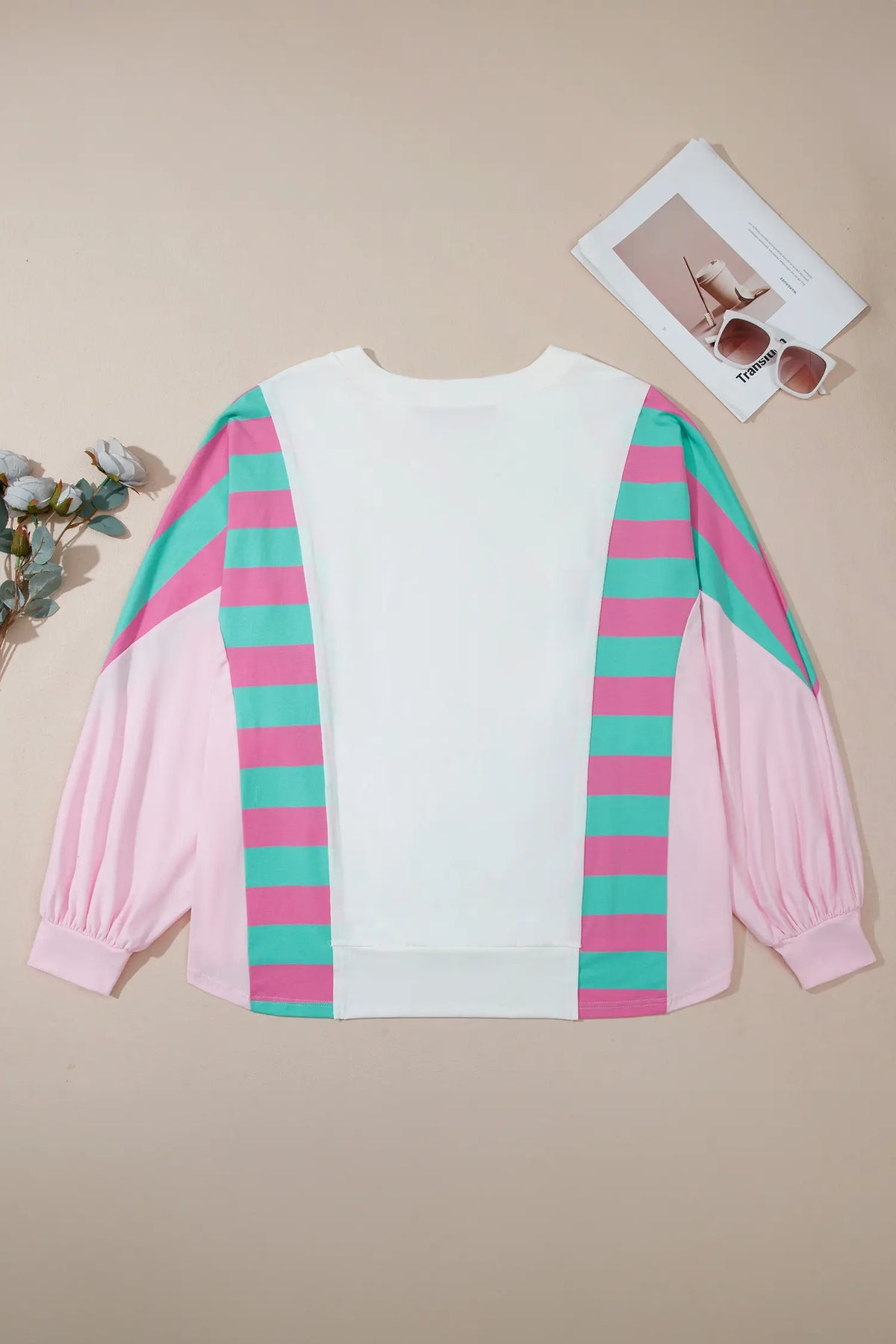 Striped Colourblock V Neck Shift Long Sleeve Plus Size Blouse – White