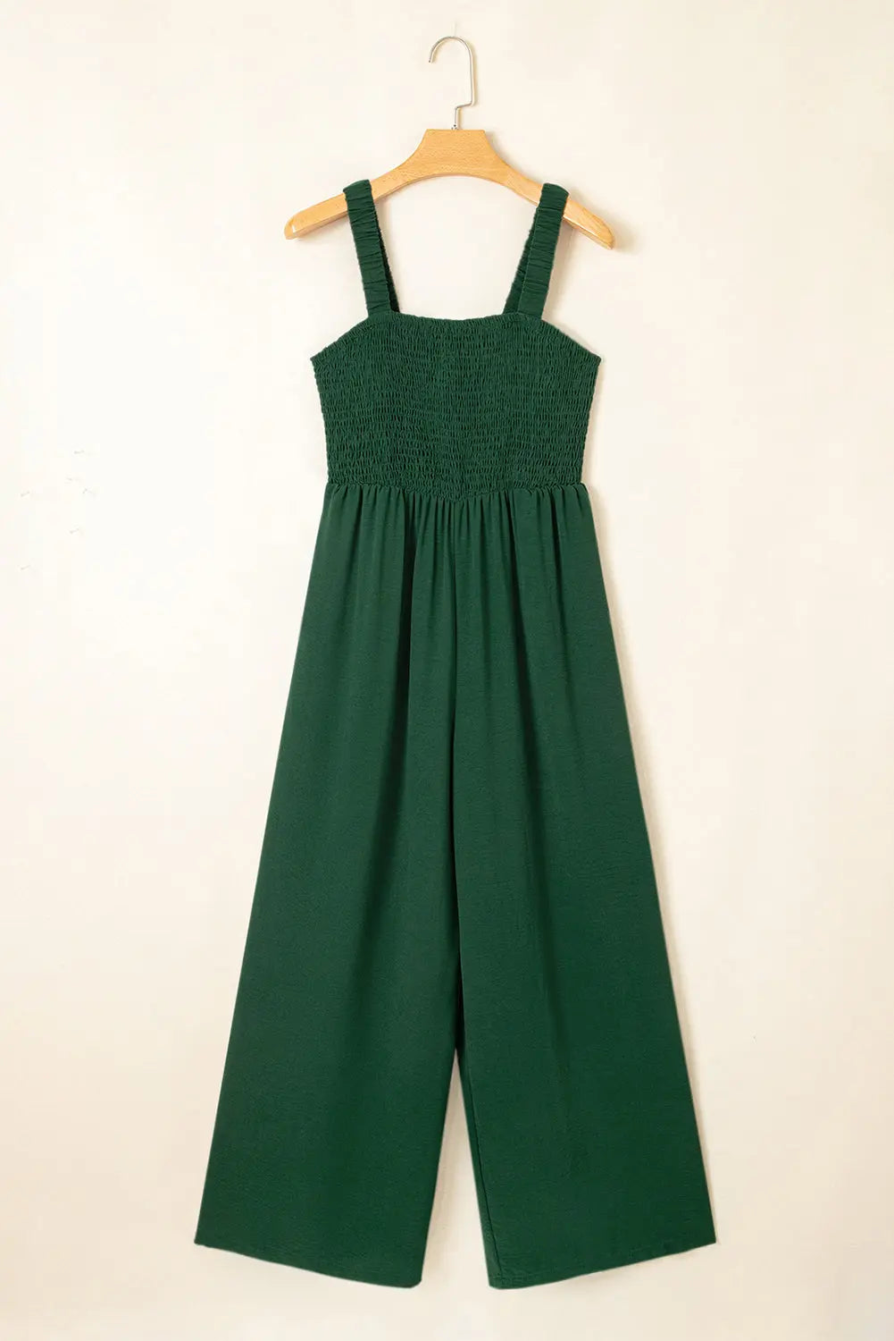 Green Smocked Sleeveless Wide Leg Jumpsuit with Pockets - Bottoms/Jumpsuits & Rompers