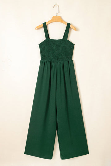 Green Smocked Sleeveless Wide Leg Jumpsuit with Pockets - Bottoms/Jumpsuits & Rompers
