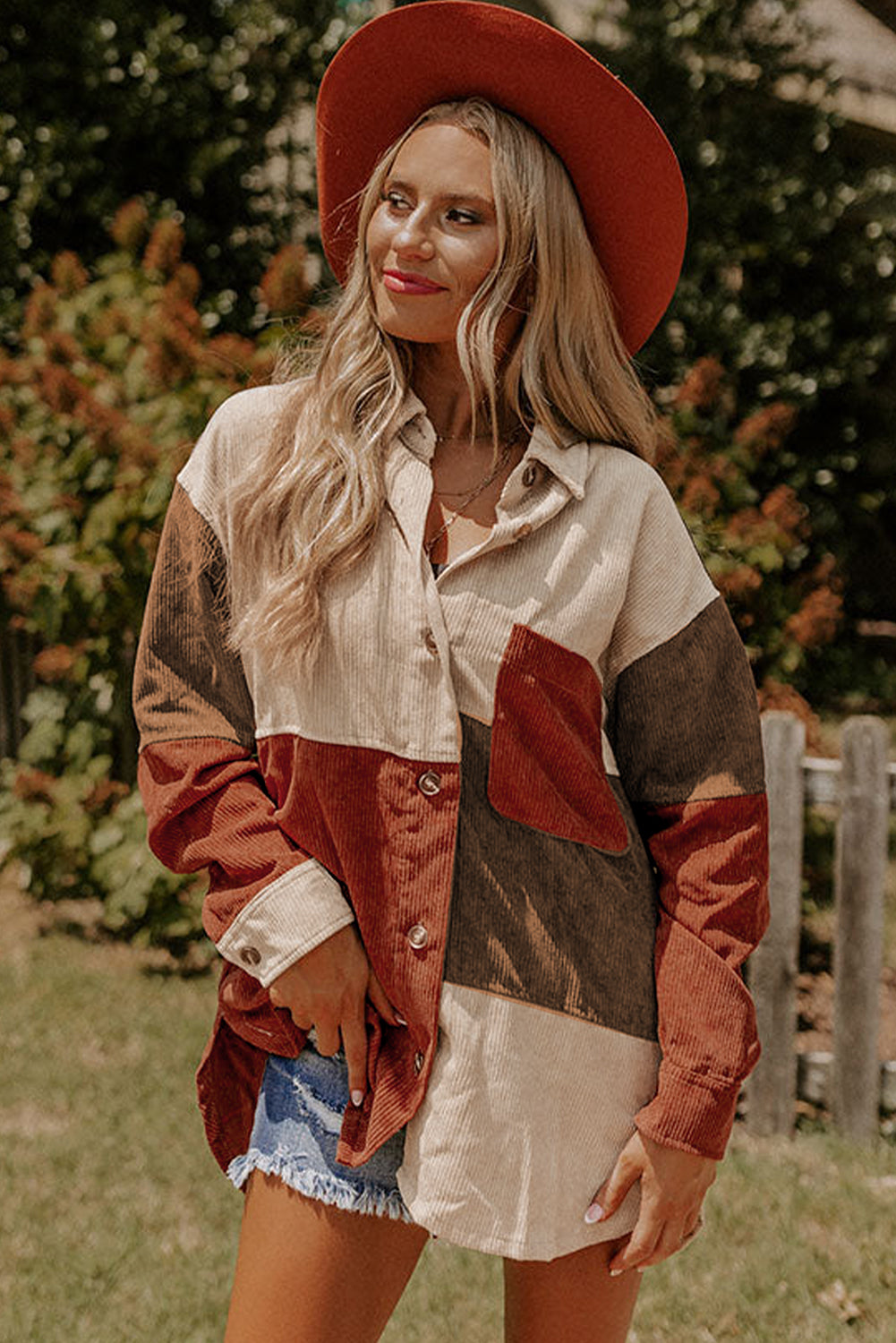 Cinnamon Colourblock Curved Hem Corduroy Shacket with Pocket Beagle Boutique Fashion Outlet
