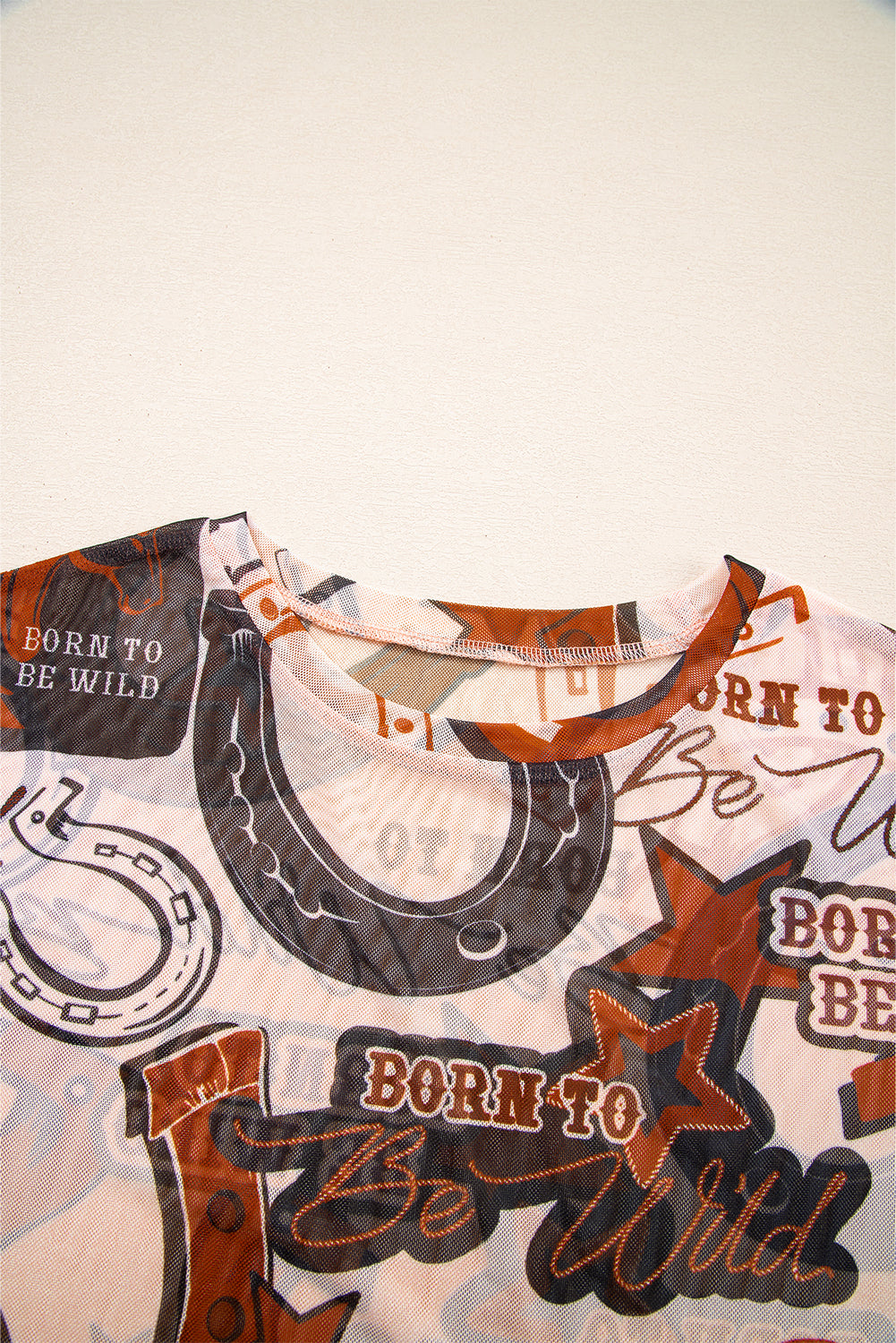 Brown Western Horseshoe Printed Mesh T Shirt eAura