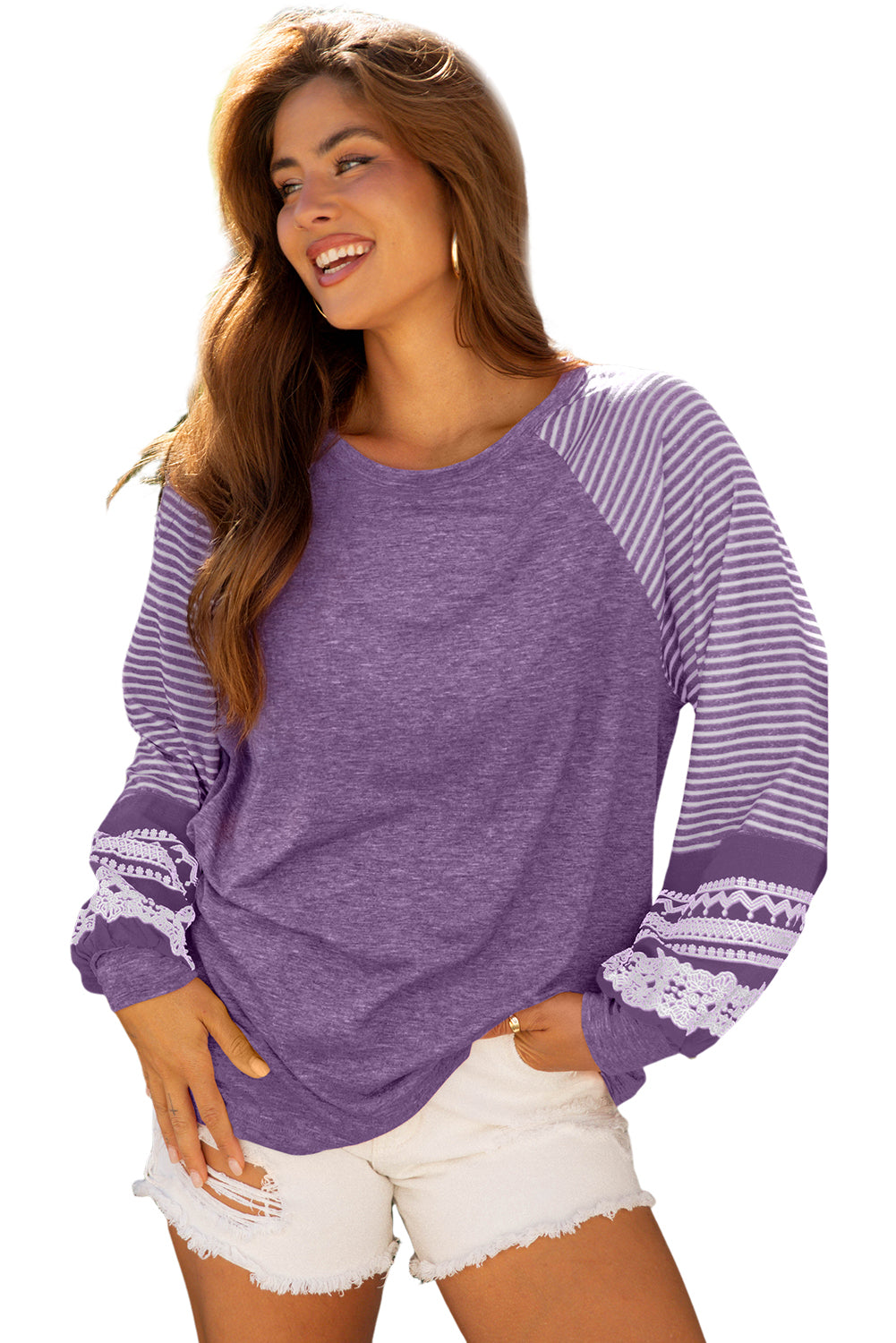 Contrast Print Striped Raglan Long Sleeve Loose Top - eAura