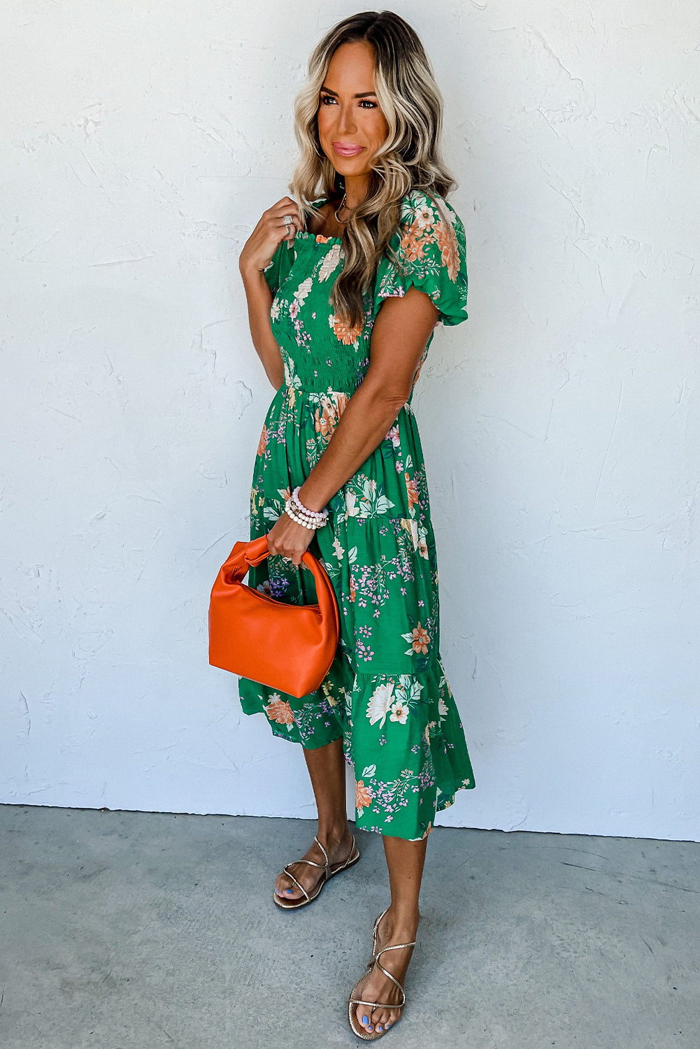 Green Floral Print Bubble Sleeve Smocked Tiered Midi Dress eAura