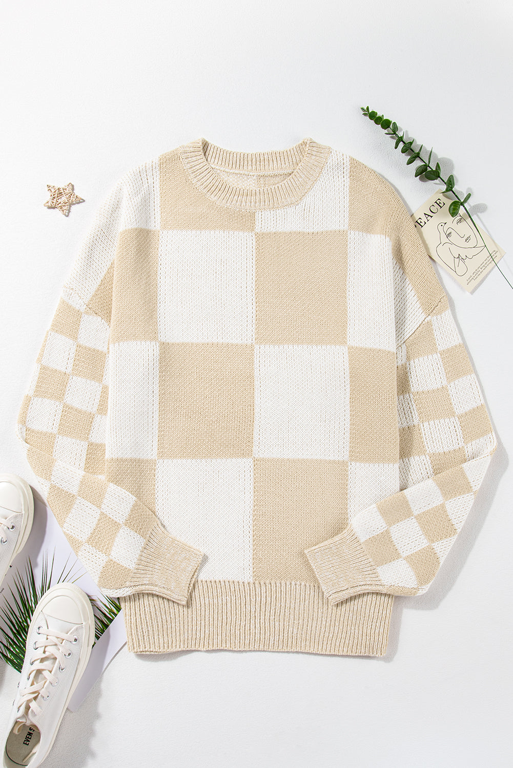 Flaxen Checkered Print Drop Shoulder Sweater eAura