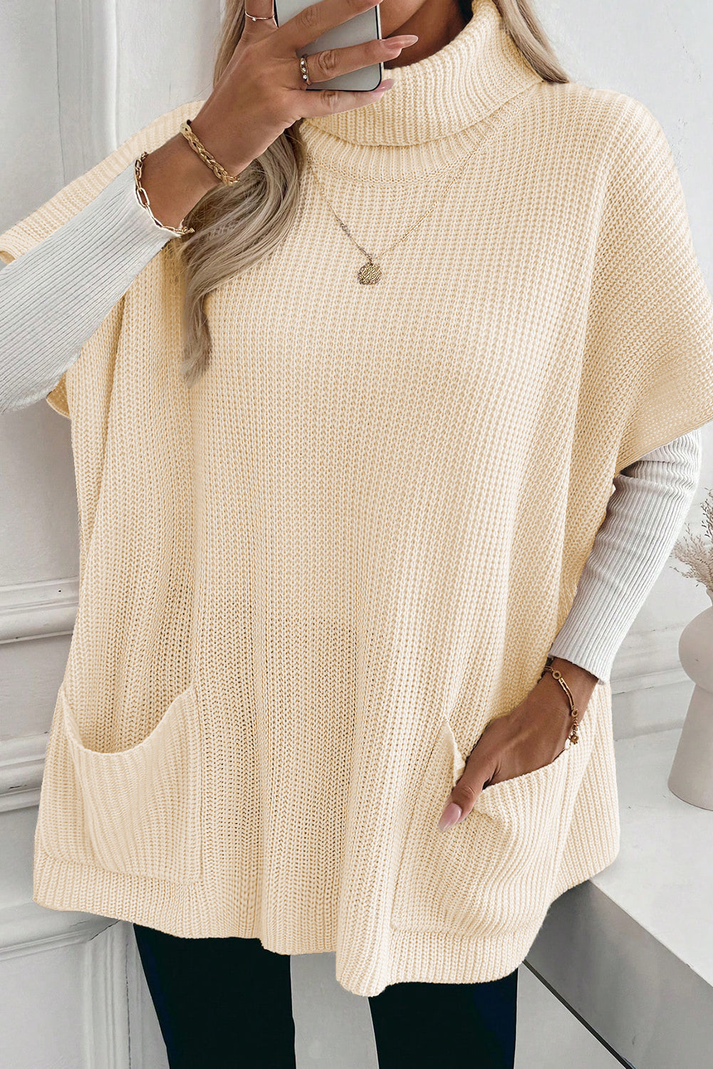 Plain Knit Casual Turtleneck Short Sleeve Tunic Sweater with Pockets - eAura
