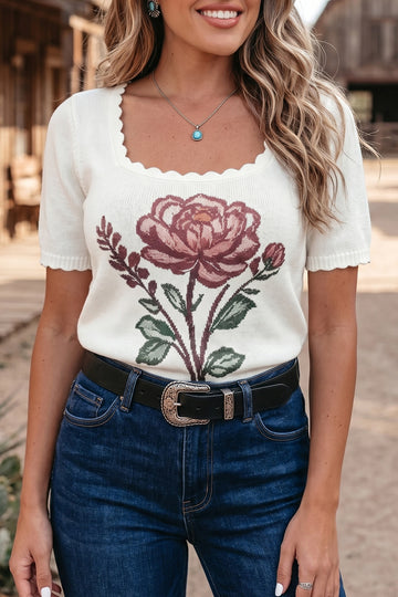 Western Floral Print Short Sleeve Square Collar Knit Sweater – White