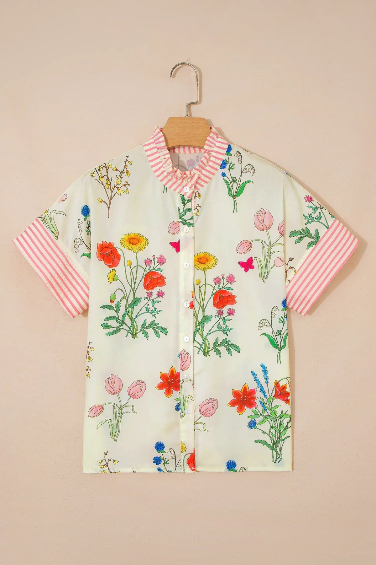 Floral Striped Patchwork Ruffled Collar Short Sleeve Shirt – Beige