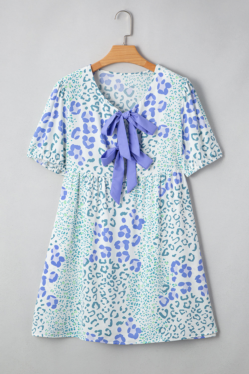Blue Leopard Contrast Bow Puff Sleeve Mini Dress eAura