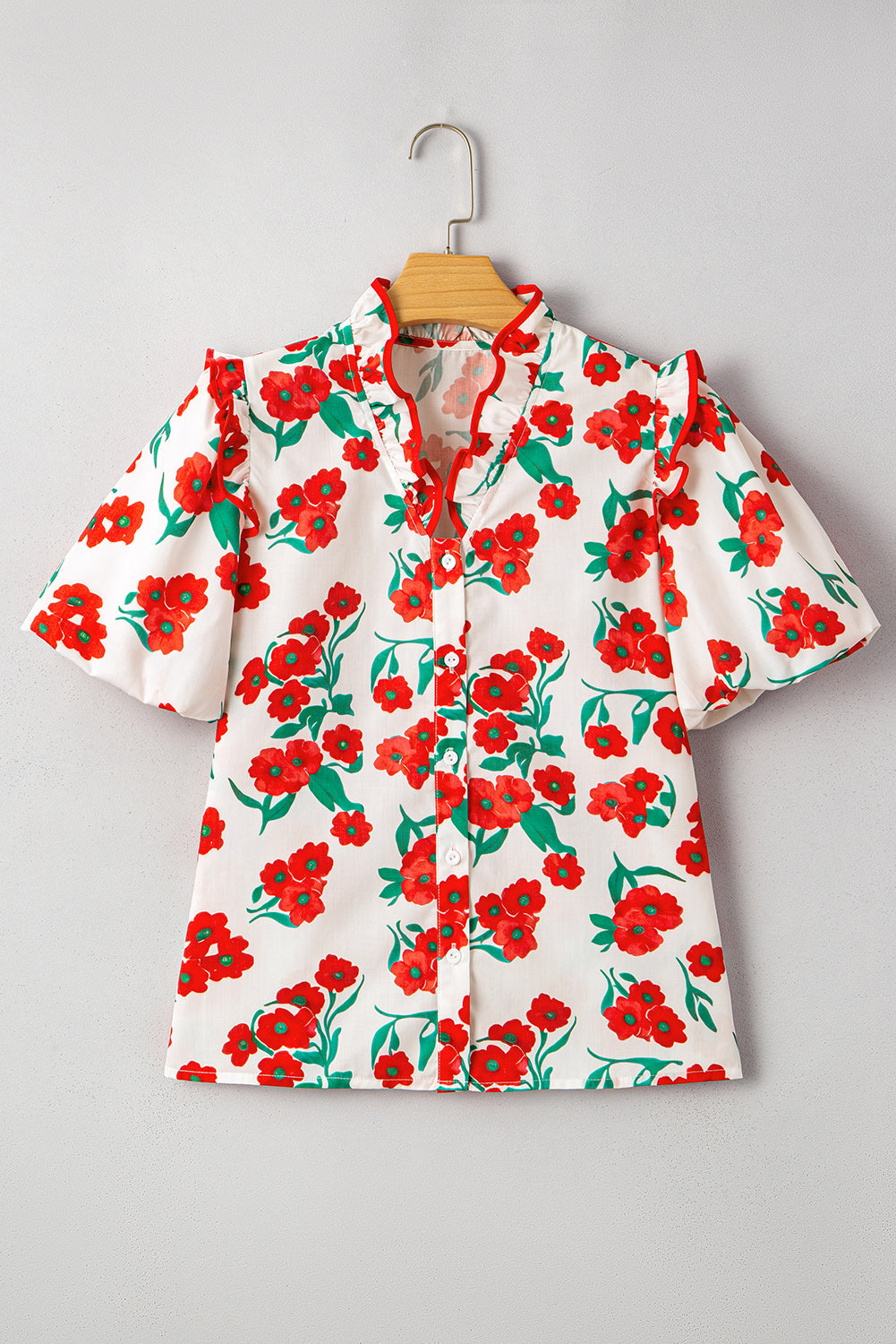 Red Floral Print Ruffled Puff Sleeve Elegant Summer Shirt eAura