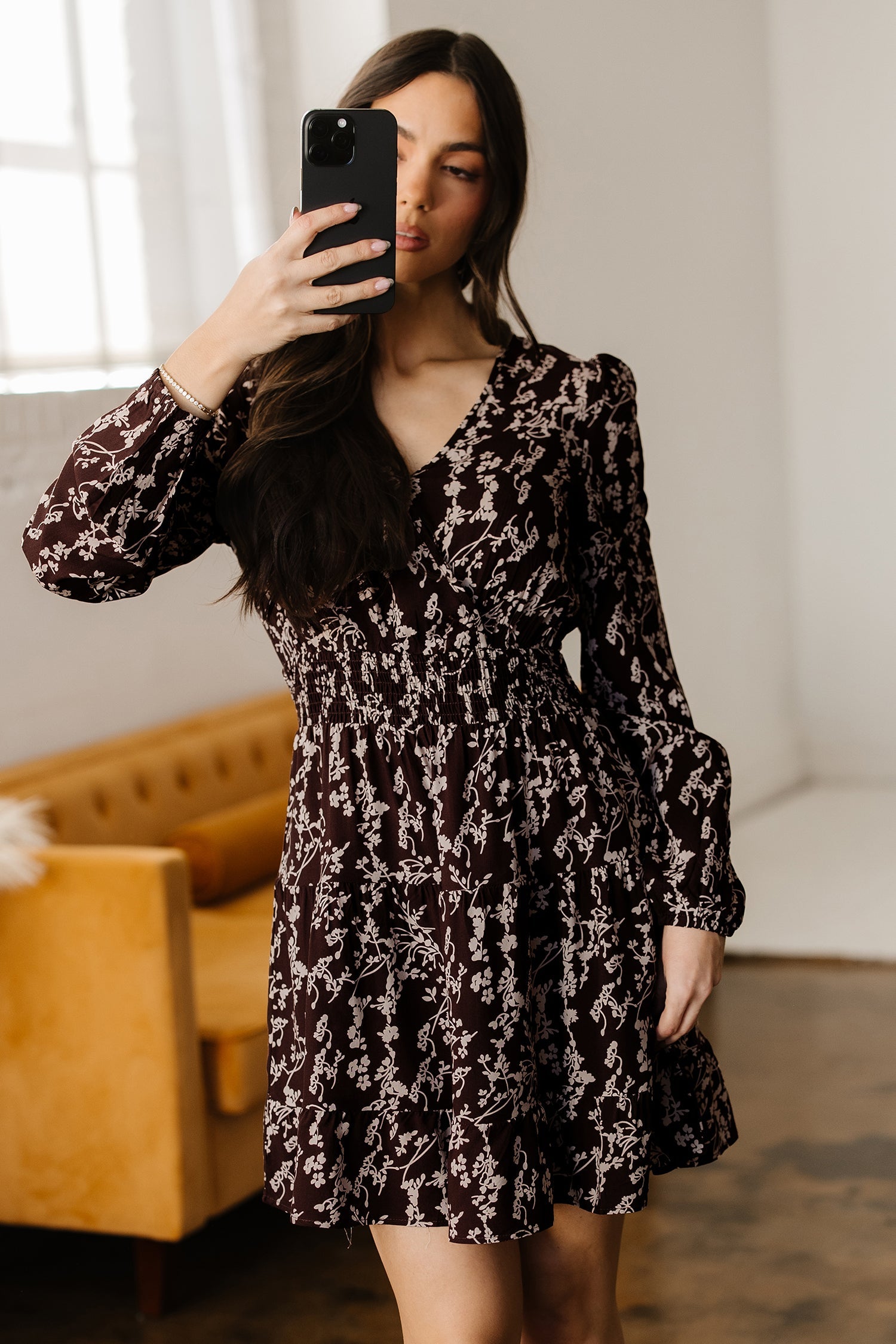 Ditsy Floral Print Split Neck Long Sleeve Shirred Waist Flared Mini Dress - Dresses/Mini Dresses