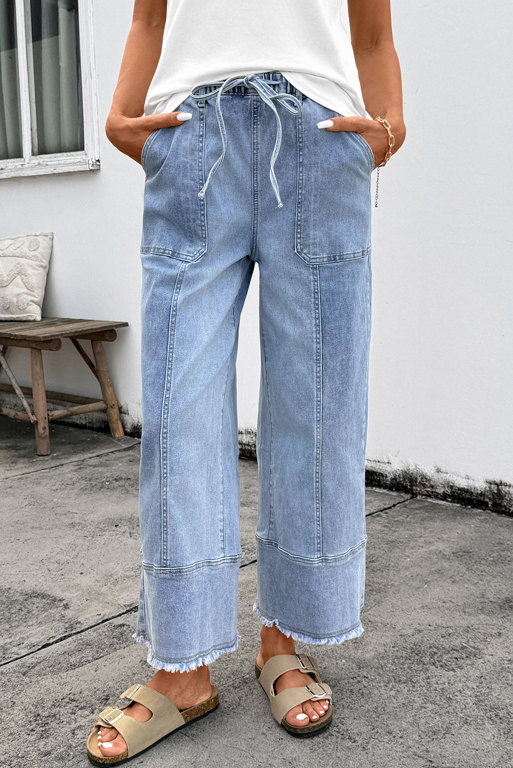 Drawstring Seam Detail Raw Hem Wide Leg Denim Jeans - eAura