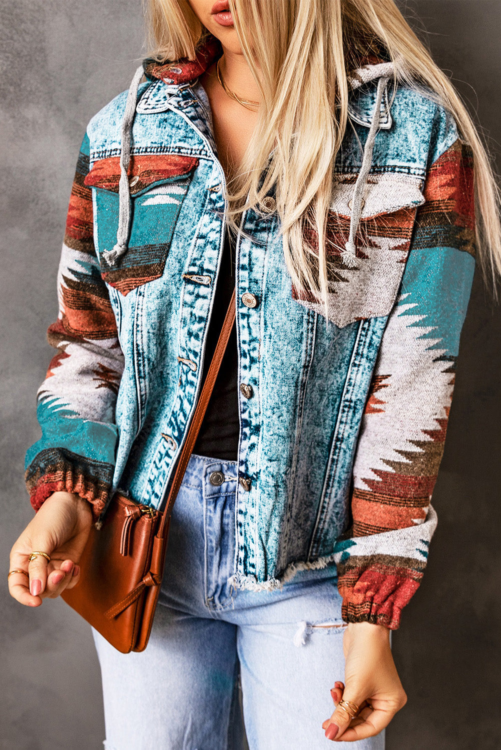 Multicolour Aztec Print Frayed Hem Denim Jacket eAura