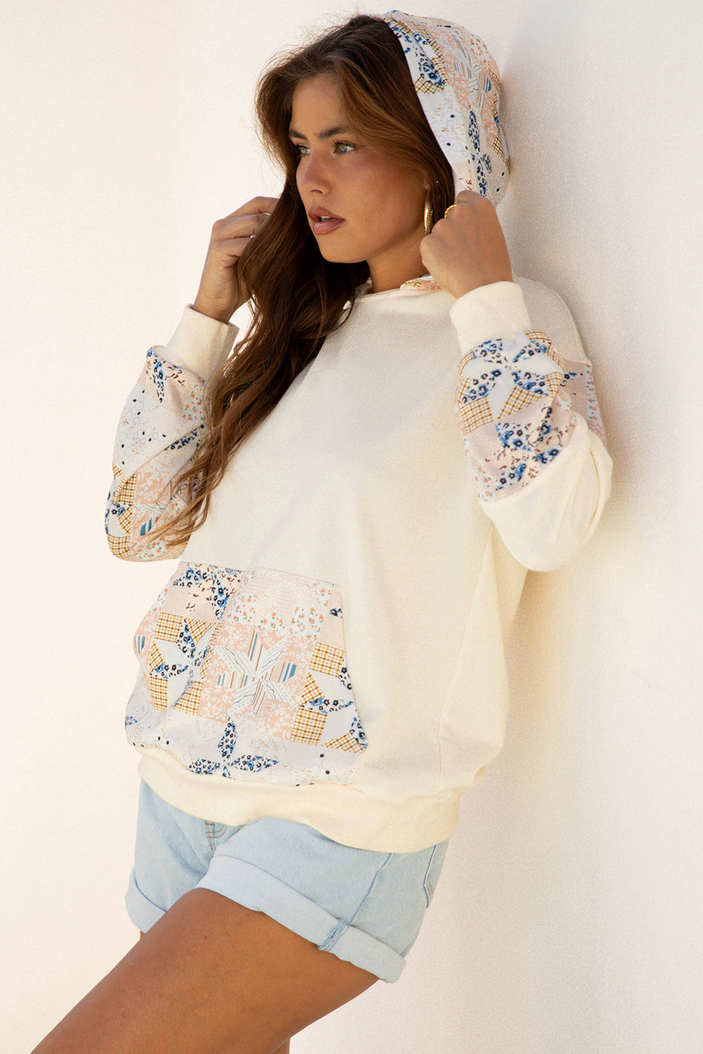Western Geo Pattern Patchwork Hoodie with Kangaroo Pocket - Tops/Sweatshirts & Hoodies