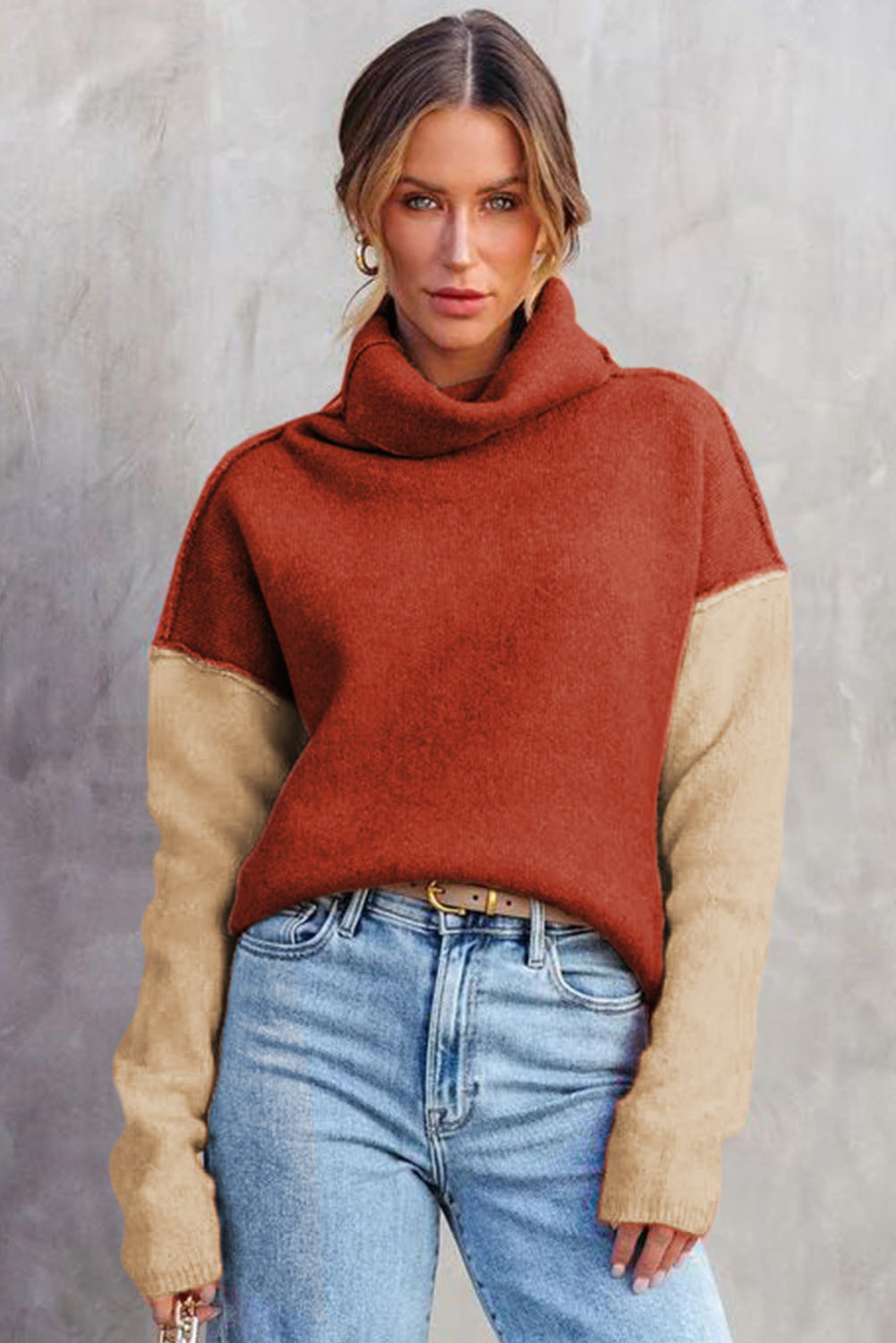 Colour Block Turtle Neck Drop Shoulder Knit Sweater Dear-Lover Dropshipping
