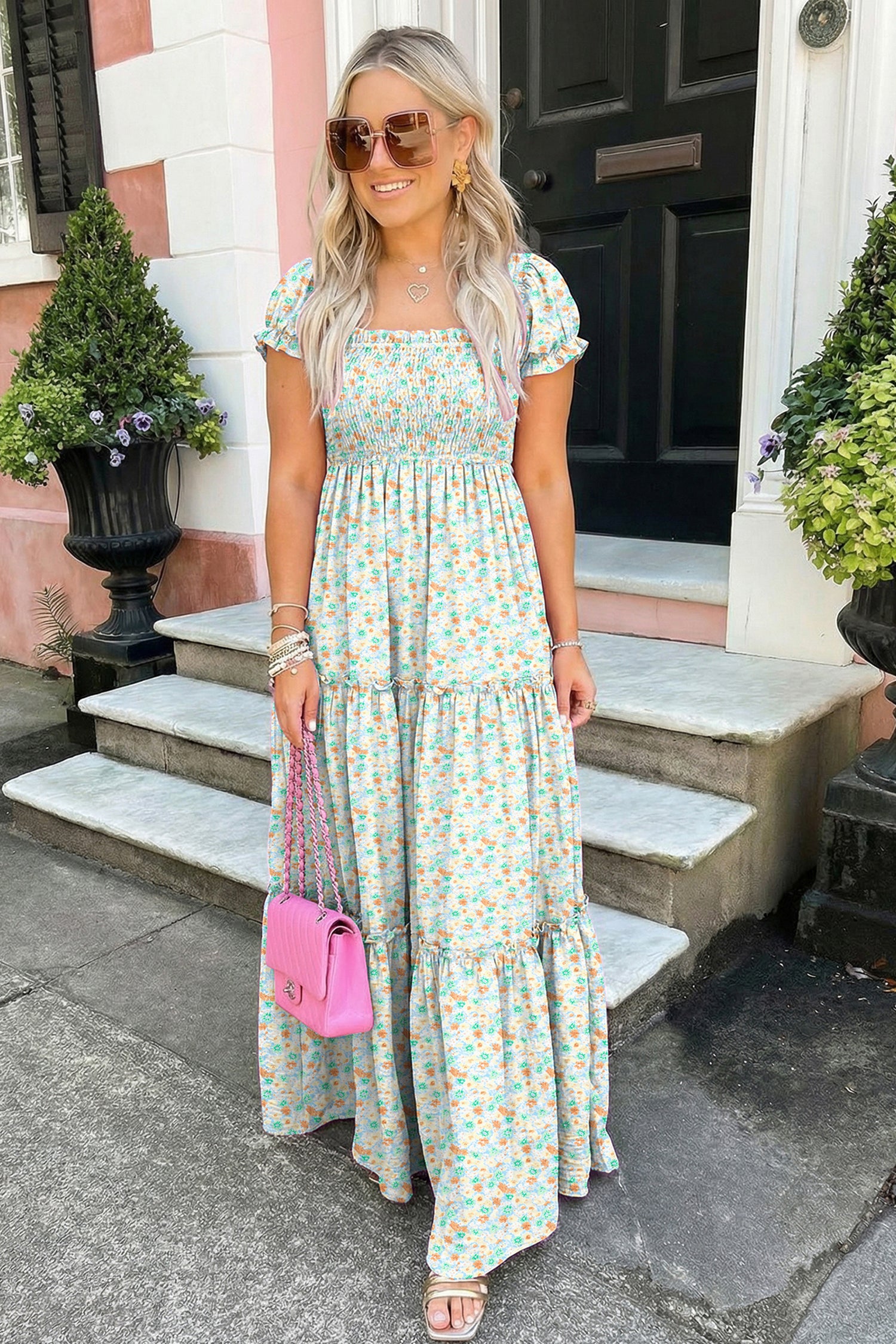 Floral Short Bubble Sleeve Shirred High Waist Maxi Dress – Pink