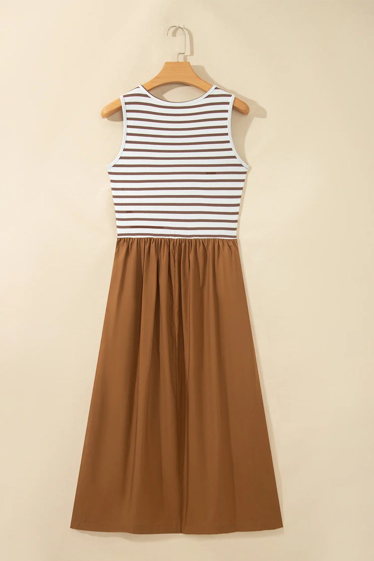 Chestnut Striped Colourblock Patchwork Sleeveless Casual Long Dress – Brown