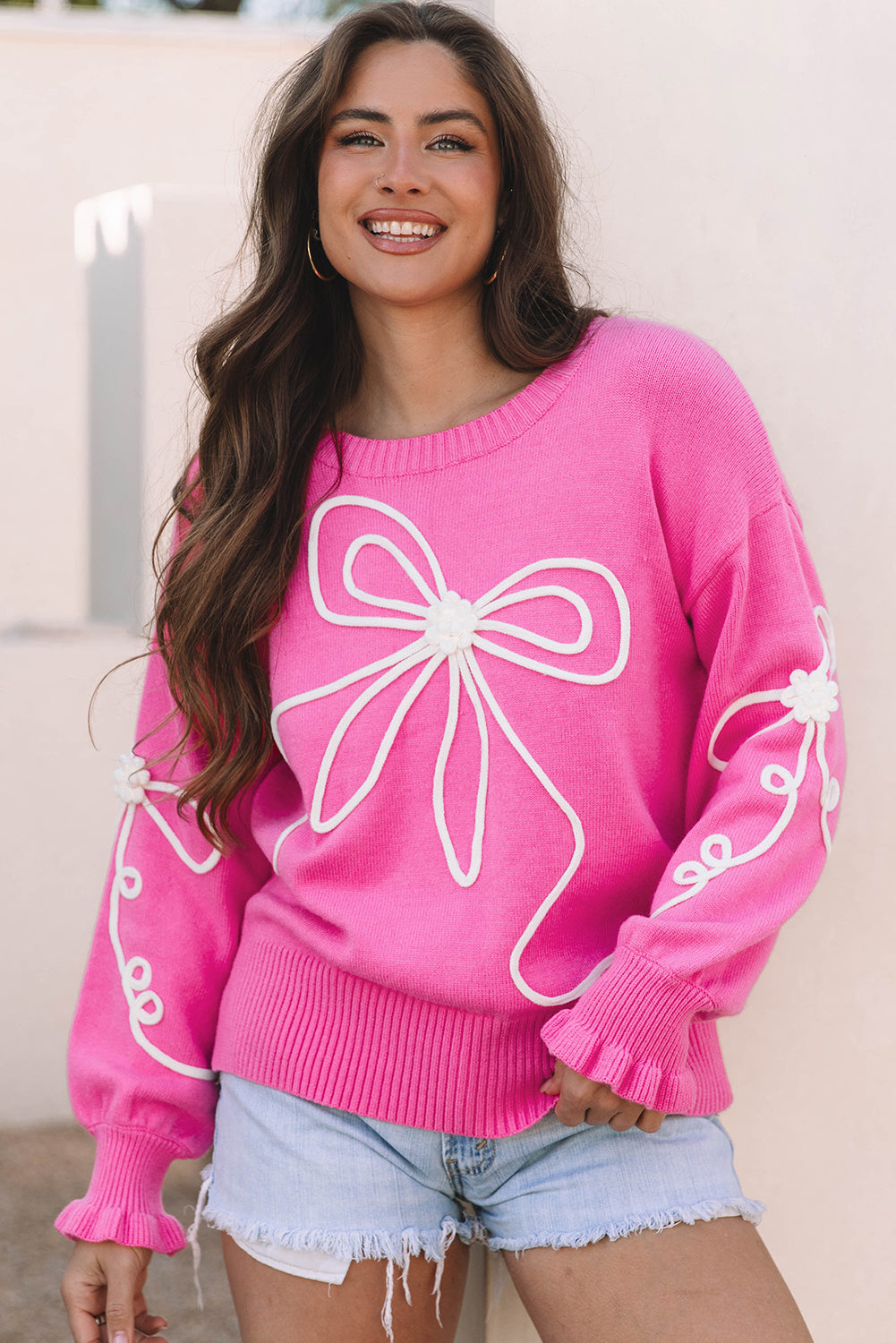 Bright Pink Ribbed Flower Bow Ribbed Trim Casual Sweater eAura