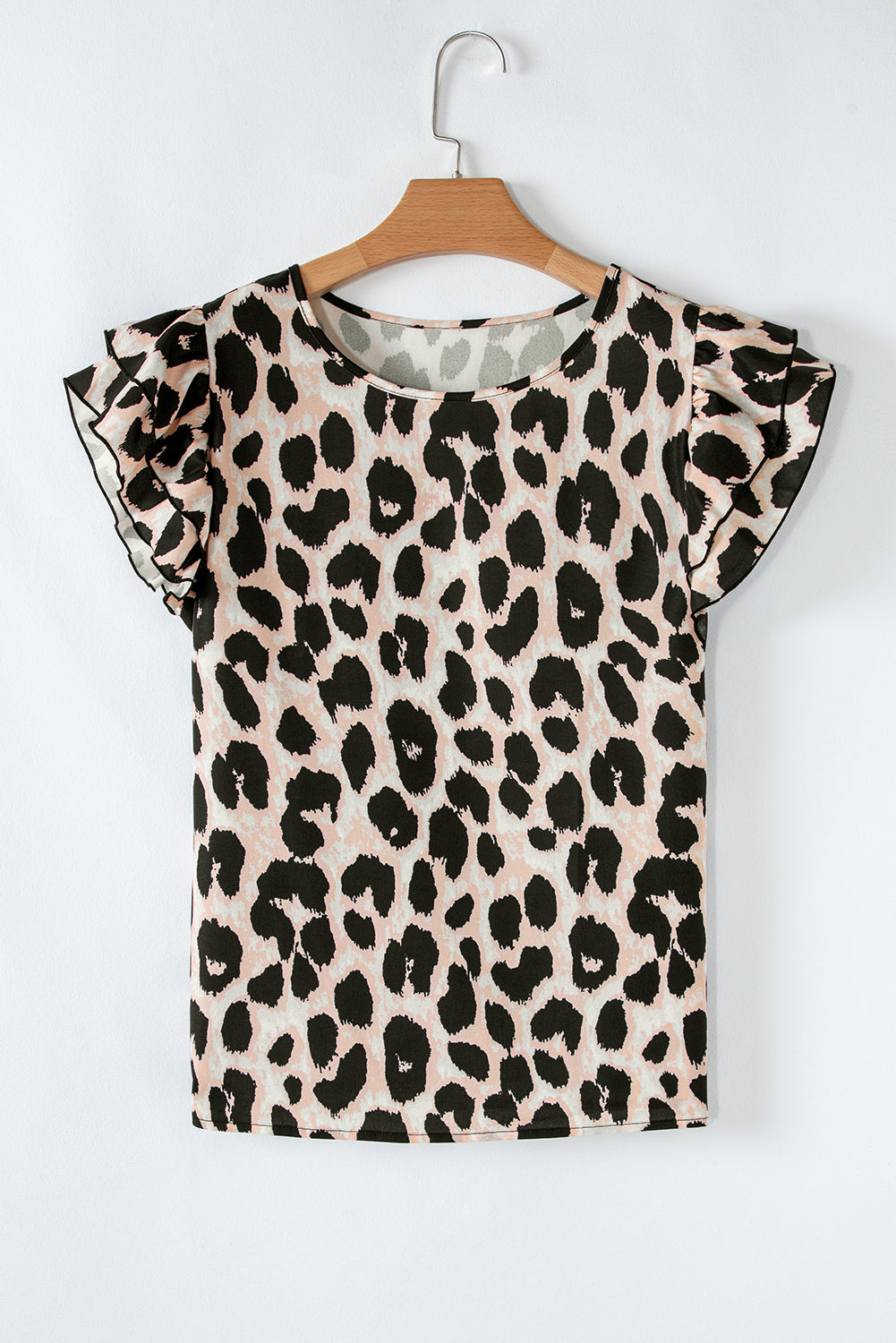 Khaki Leopard Print Layered Ruffled Short Sleeve Blouse BB Fashion Outlet