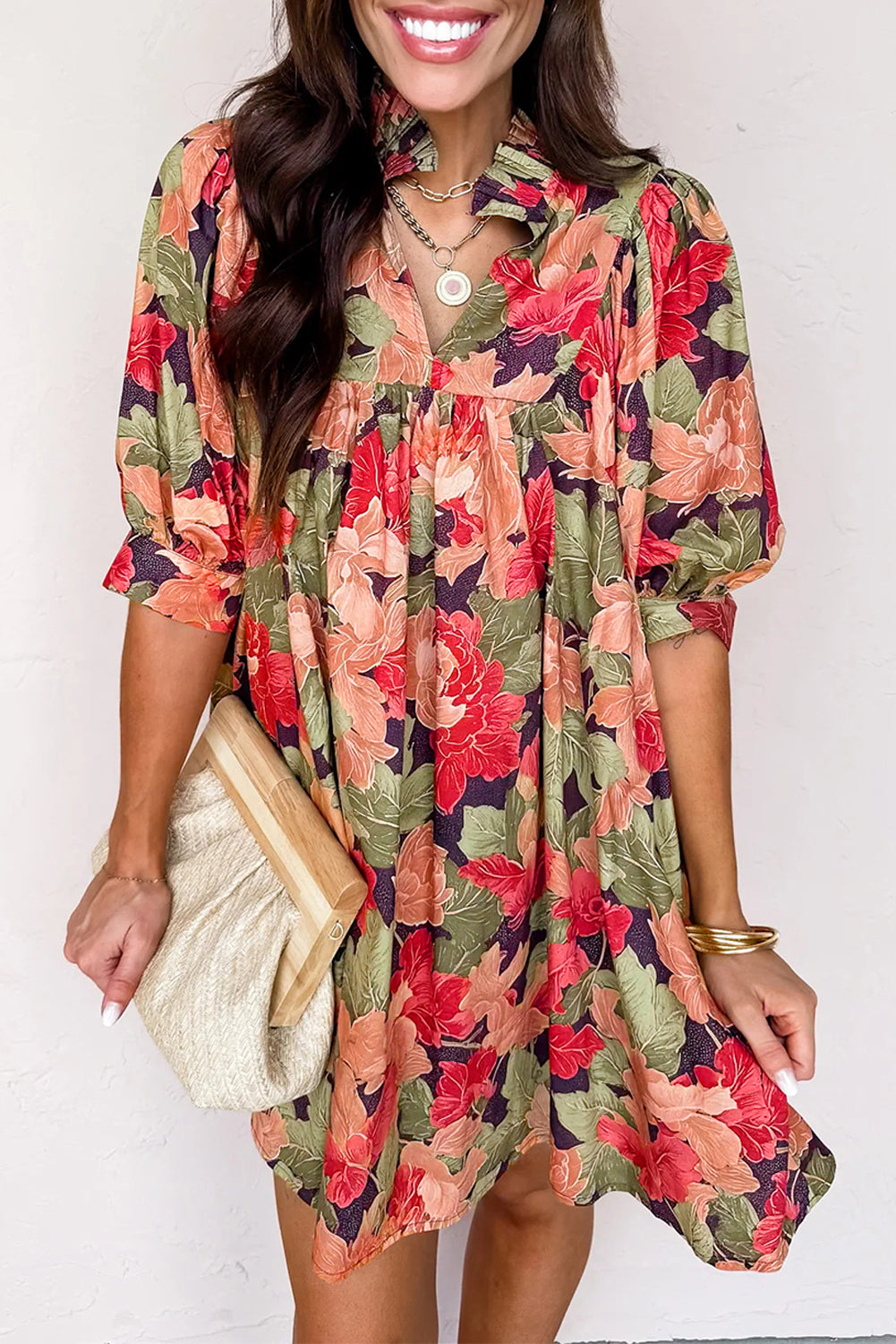 Floral Print Frilled Collar V-Neck Half Sleeve Mini Dress - eAura